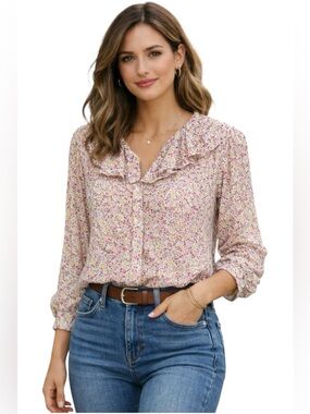 J.CREW Ruffles Floral Silky Lightweight Fabric Button Down Blouse LS Medium